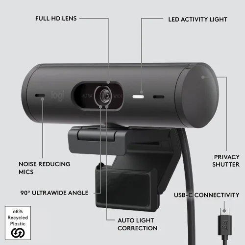 Vista 7 de Logitech Brio 501 - Cámara web Full HD con corrección automática de luz, modo de espectáculo, micrófonos de reducción de ruido, cubierta de Negro