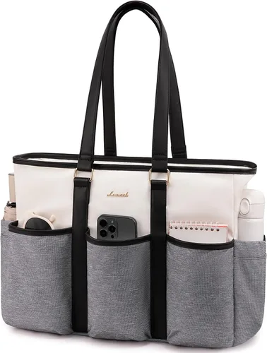 Vista 30 de LOVEVOOK bolso tote vintage para laptop para mujer, Beige-Negro, 15,6 pulg., Moda