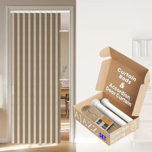 Vista 21 de AJAZZ Conjunto: Barras para cortinas sin perforación (28-39" de ancho) y cortina acordeón para puerta, beige 43" de ancho × 78" de largo, puertas
