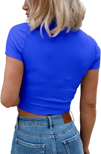 Vista 6 de Allimy Camiseta de verano de manga corta ajustada para mujer, cuello redondo, acanalada