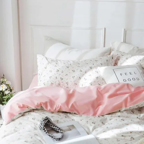 Vista 5 de Faincy Juego de edredón floral de tamaño individual, diseño de hojas de flores rosas y blancas, juego de cama alternativo reversible preppy, edredón