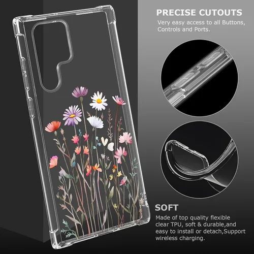 Vista 5 de Funda transparente floral para Galaxy S22 Ultra para mujeres/niñas, bonita funda de teléfono para Samsung Galaxy S22 Ultra 5G, diseño de flores