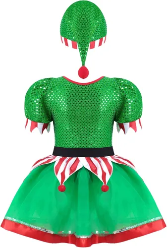 Vista 2 de YiZYiF Disfraz de elfo de Navidad para niños y niñas, fiesta de vacaciones, vestido de cosplay con lentejuelas, trajes festivos