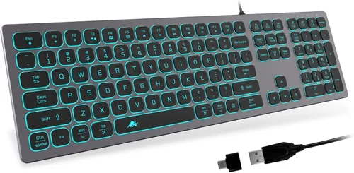 Vista 10 de POWZAN Teclado de Aluminio Silencioso con Cable Retroiluminado - Tecla Chiclet Delgada Compatible con Apple iMac, MacBook, Mac y PC, Teclado USB