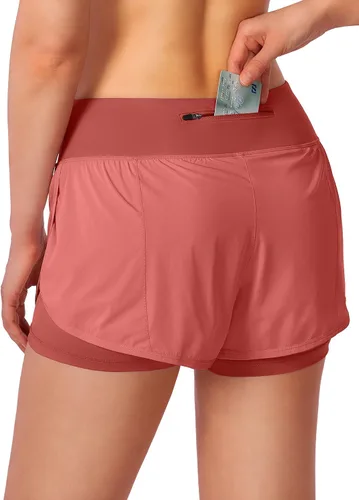 Vista 2 de Pantalones cortos para correr 2 en 1 para mujer para entrenamiento, atletismo, gimnasio, yoga cuenta con bolsillos para el teléfono.
