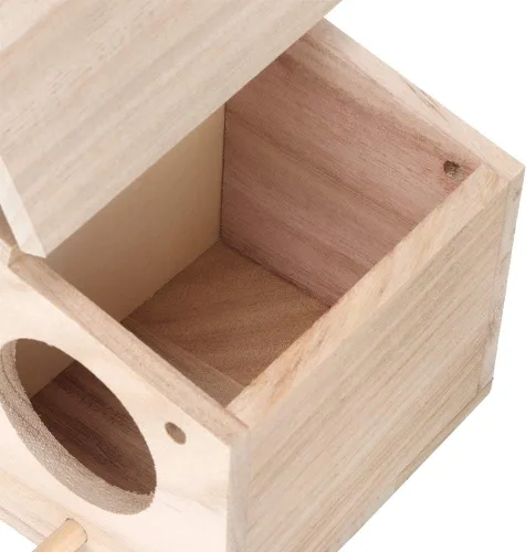 Vista 6 de Caja anidable de periquitos, casa de madera para nidos de pájaros para mascotas, jaula de cría de cacatúas con perca, accesorios para loros