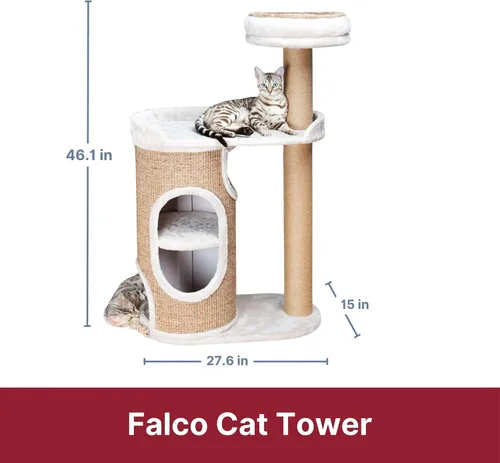 Vista 6 de Trixie Falco - Torre para gatos de 46 pulgadas, postes rascadores de sisal, condominio para gatos de 2 pisos, plataformas de felpa, cama extraíble