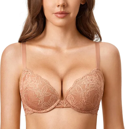 Vista 9 de DOBREVA - Brasier de encaje con efecto push up para mujer, con aros, con inmersión, cobertura completa, sexy, talla grande, con soporte Beige