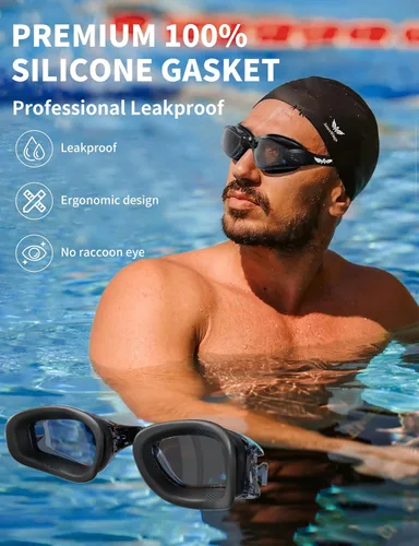 Vista 6 de Gafas de natación 7 en 1 + gorro de natación para hombres y mujeres, sin fugas, antivaho y UV, lente de PC con espejo HD de visión amplia