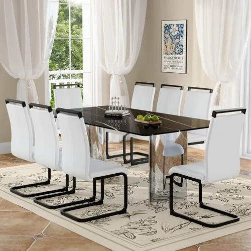 Vista 13 de Juego de mesa de comedor moderno para mesa de comedor de cristal de 6, 7 piezas, mesa de mármol sintético de 71 pulgadas con base de acero