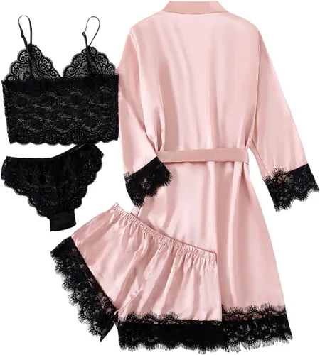 Vista 2 de LYANER Conjunto de pijama de 4 piezas para mujer con ribete de encaje floral satinado con bata