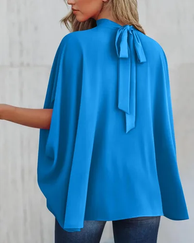 Vista 81 de BTFBM Blusas de verano para mujer, cuello alto falso, manga murciélago, holgadas, dobladillo alto y bajo, blusas informales de gran
