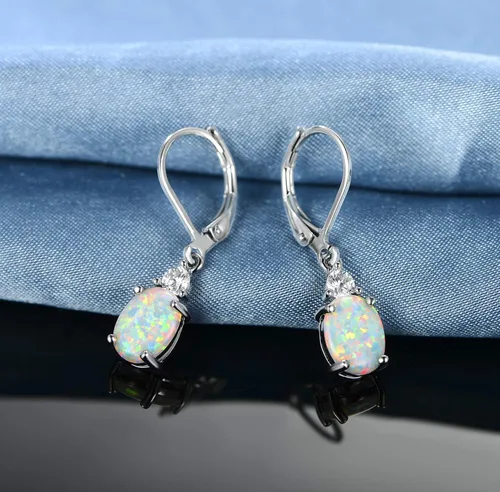 Vista 6 de GEMSME - Aretes colgantes de ópalo de lágrima chapados en oro blanco para mujer, Oro blanco