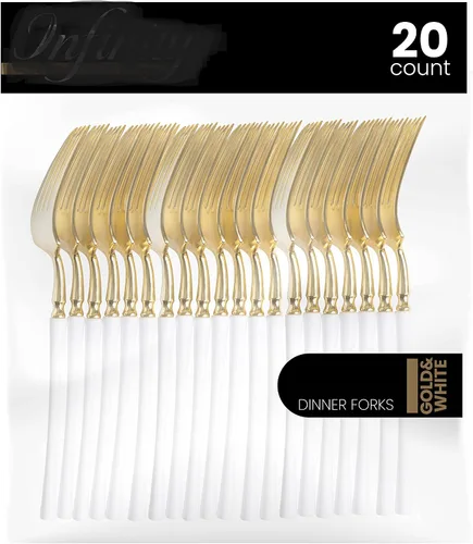 Vista 21 de PlasticPro 20 unidades de tenedores de cena de plástico dorado de calidad premium resistentes desechables elegantes cubiertos de cena para fiesta