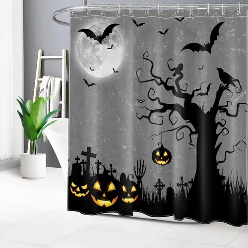 Vista 7 de EOBTAIN Cortina de ducha de cielo nocturno azul de Halloween para baño, espeluznante calabaza y murciélago en árbol muerto en cementerio aterrador
