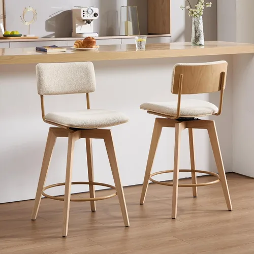Vista 8 de ONEVOG Juego de 2 taburetes de bar giratorios de madera de 26 pulgadas de altura de mostrador, modernas sillas altas tapizadas para isla de cocina
