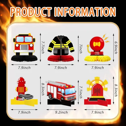 Vista 2 de Epakh 10 piezas de decoración de fiesta de cumpleaños con tema de camión de bomberos, suministros de mesa con tema de camión de bomberos, centros