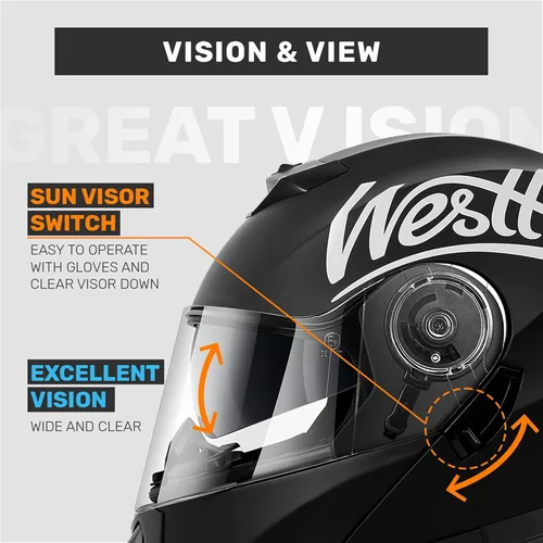 Vista 3 de Westt Cascos modulares para motocicleta - Casco integral para motocicleta con visera doble abatible, aprobado por DOT, Casco para hombres y mujeres