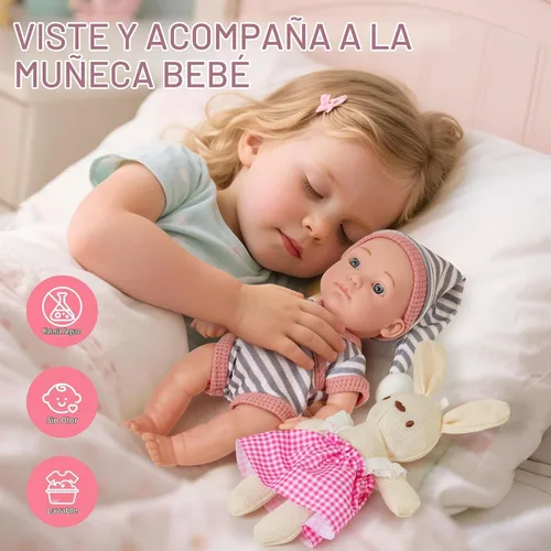 Vista 7 de Cleboen Juego de accesorios para muñecas de bebé para niñas, muñeca de bebé de 9'' con 2 juegos de ropa, andador para muñecas, silla, biberón