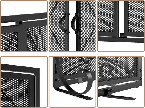 Vista 4 de Fire Beauty Pantalla de chimenea con puertas con bisagras Borde de hierro fundido, marco de acero resistente, malla metálica duradera, protector