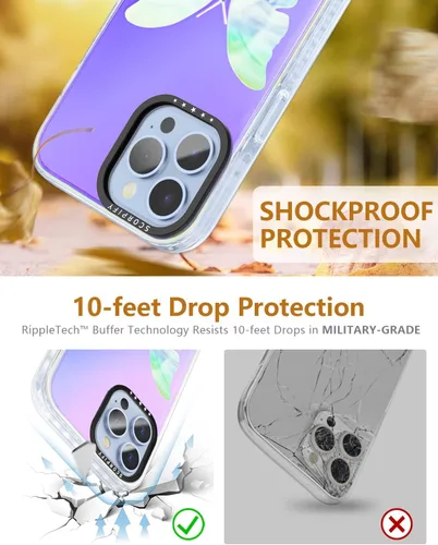 Vista 7 de SCORPIFY Funda para iPhone 14 Pro Max con diseño iridiscente de mariposa azul, bonita funda transparente para mujeres y niñas