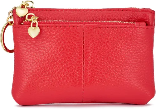 Vista 8 de Mini monedero con cremallera de cuero genuino para mujer, con llavero con triple cremallera, tarjetero Negro