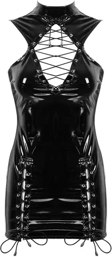 Vista 5 de ACSUSS Mini vestido bodycon con cordones de piel de patente metálica brillante con cuello en la espalda y cremallera
