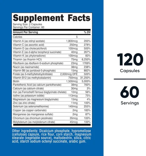 Vista 2 de Nutricost Multivitamínico metilado 120 cápsulas, 60 porciones - 23 vitaminas y minerales por porción