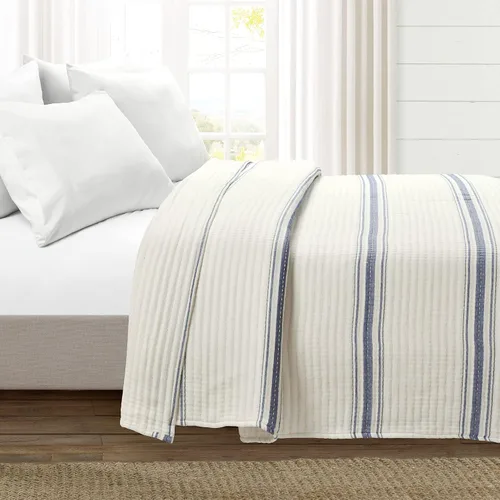 Vista 10 de Lush Decor Colcha/Cubrecama de Algodón Tejido con Puntada Pick Stitch Kantha de Rayas Estilo Granja, 104" An x 90" L, King, Azul - Ropa de Cama a