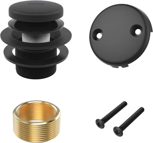 Vista 7 de Kit de drenaje de bañera completamente metálico con mecanismo basculante, placa frontal de desbordamiento de dos orificios y ensamblaje universal