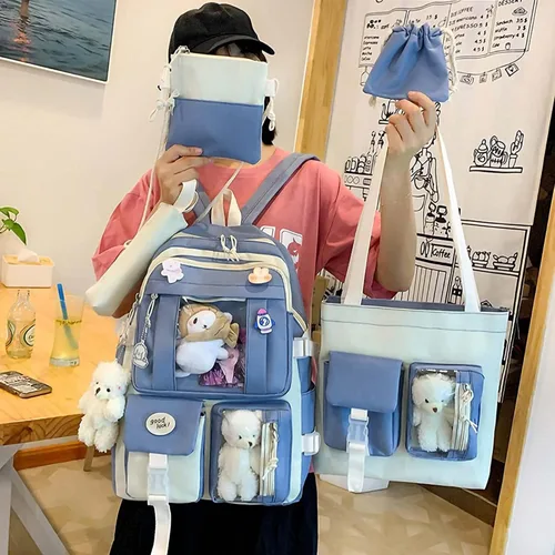 Vista 4 de Mochila Kawaii de 5 piezas, bolsa deportiva estética de 17 pulgadas con bonita mochila, bolsa de hombro, caja de lápices, bolsa de mano, bolsa