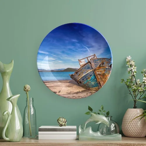 Vista 5 de Plato decorativo de pared de porcelana de 6 pulgadas con soporte, barco, cielo, mar, paisaje, naturaleza, adornos coleccionables, arte de pared