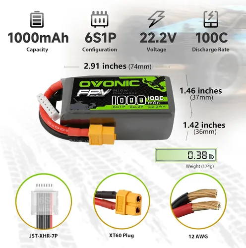 Vista 2 de OVONIC Batería LiPo de 1000mAh 6S 100C con enchufe XT60 para FPV Racing RC Quadcopter Helicóptero Avión Multimotor Hobby DIY-2Packs