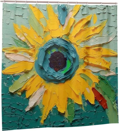 Vista 7 de YLATY2405 - Cortina de ducha de girasol para baño, pintura al óleo, hojas verdes, flores, bohemio, tela amarilla abstracta, moderna, impermeable