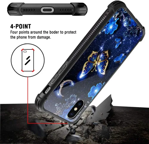 Vista 4 de Funda compatible con iPhone XS, funda para niñas y mujeres, cielo azul, flor, luna y mariposa