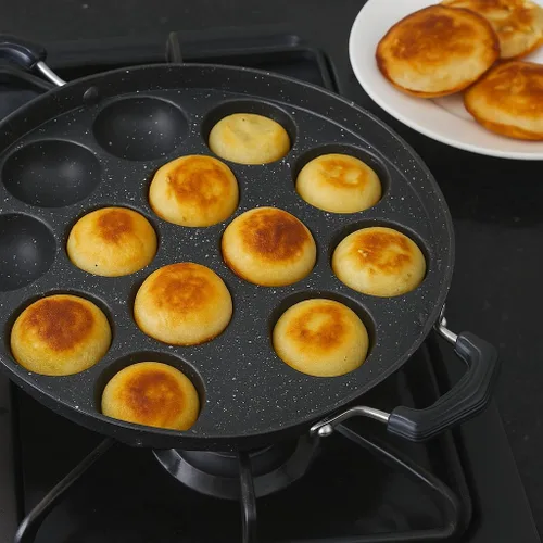 Vista 4 de Sartén antiadherente Appam – 12 hoyos con tapa de acero inoxidable para Appam, Paniyaram, Aebleskiver y Paddu Mango resistente al calor Appe Maker