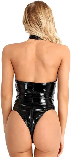 Vista 6 de Haitryli - Maillot de piel de patente sin mangas con cuello halter y cremallera para mujer
