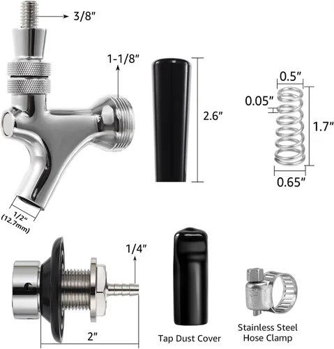 Vista 2 de Grifo de cerveza con vástago de 1-1/2 pulgadas, vástago de pezón de 1/4 pulgadas, kit de grifo de cierre automático, núcleo inoxidable chapado a
