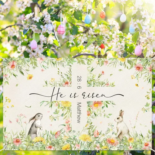 Vista 6 de Moukeren Decoraciones de telón de fondo de Pascua con texto en inglés «He is resucitado», pancarta de fotografía con cruz de Jesús, fondo de flores