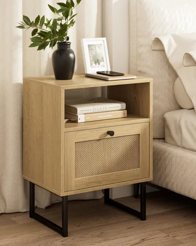 Vista 10 de Masupu Mesita de noche extra grande de ratán, mesita de noche boho moderna de estilo granja con cajón de almacenamiento y estante abierto, mesa