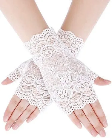Vista 2 de Women Short Lace Gloves Fingerless Lace Gloves Tea Party Gloves Sunblock Bridal Floral Gloves