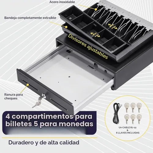 Vista 3 de Volcora Cajón de caja registradora de 13 pulgadas para sistema de punto de venta (POS) con bandeja de efectivo de 2 niveles totalmente extraíble, 4