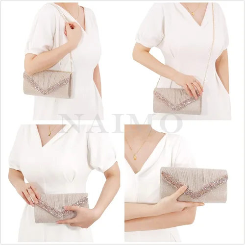 Vista 4 de Naimo Aleta deslumbrante bolso de embrague bolso de noche con cadena desmontable Champagne01 Plisado