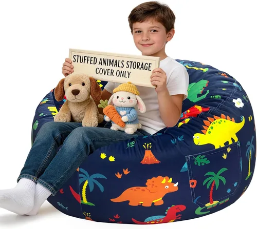 Vista 26 de Lukeight - Puf de almacenamiento de animales de peluche para niños, funda para puf de dinosaurio con cremallera para organizar la habitación