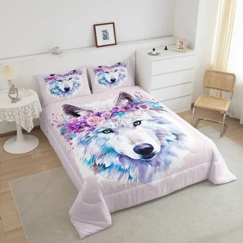 Vista 4 de Juego de ropa de cama de lobo con diseño de animales de safari con ojos verdes, juego de edredón de teñido anudado para niñas, flores florecientes