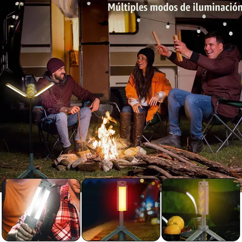 Vista 5 de Luces de campamento recargables con soporte, luces de trabajo telescópicas inalámbricas con 3 cabezales de lámpara LED, linterna de trípode