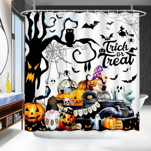 Vista 9 de Lutto Cortina de ducha de otoño para baño, juego de baño de otoño con cortina de ducha y alfombras, cortinas de ducha de calabaza de Acción