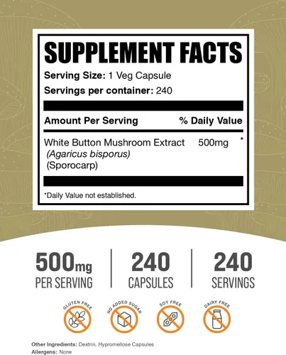 Vista 2 de BulkSupplements White Button - Cápsulas de hongos, suplemento de hongos Agaricus, extracto de hongo de botón blanco, vegano, 240