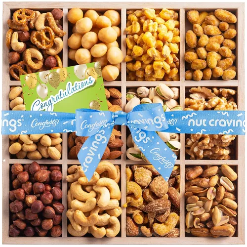 Vista 16 de NUT CRAVINGS - Cesta de regalo de nueces mixtas en bandeja de madera de diamante reutilizable + cinta verde (12 surtidos) golosinas para adultos