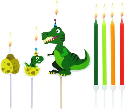 Vista 5 de Culpitt Kit de dinosaurios Velas de cumpleaños, tablero de pastel, caja de pastel, fiesta de dinosaurios, adornos con T-Rex, dinosaurios bebés
